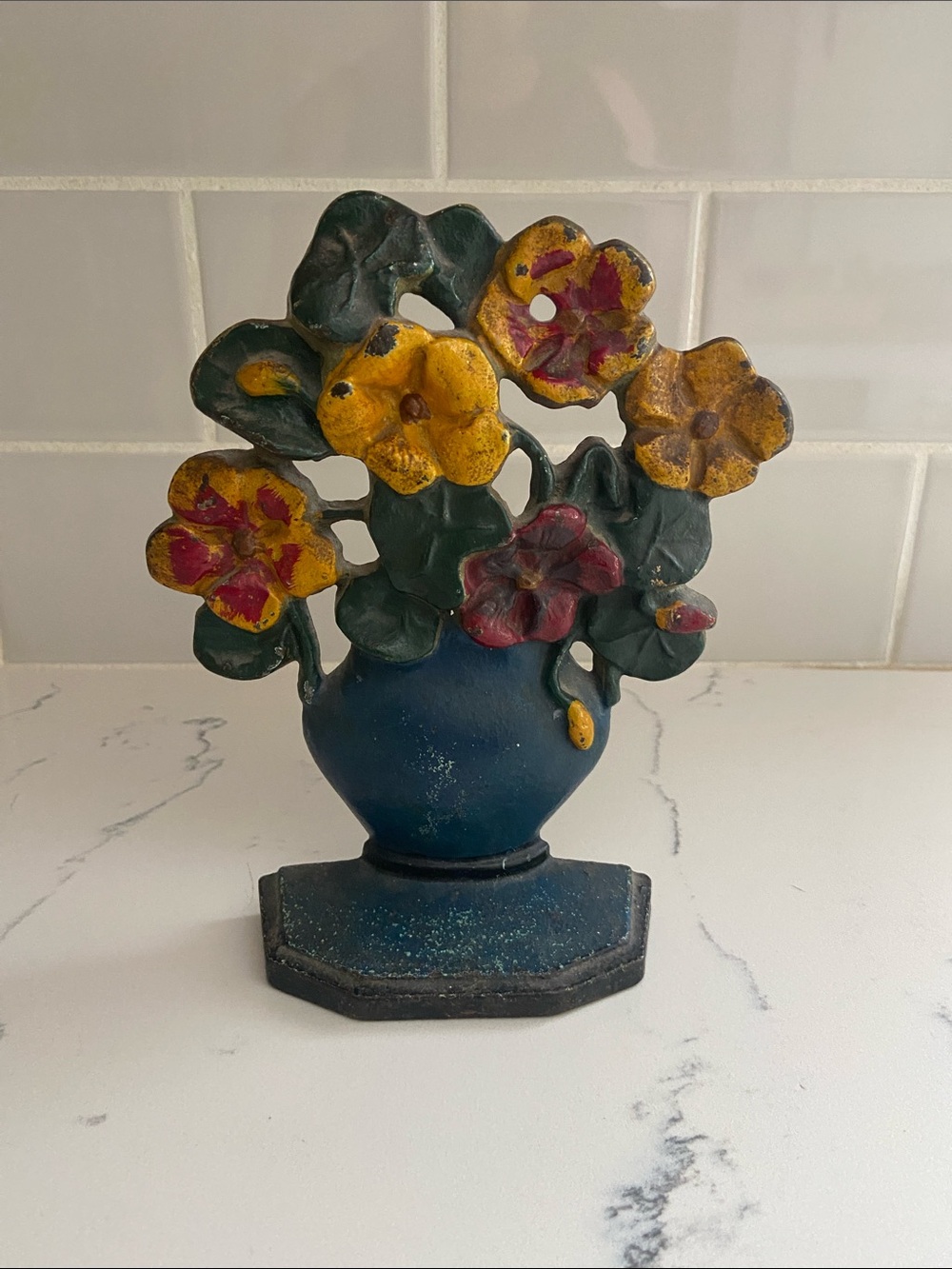 Vintage Cast Iron Floral Urn Doorstop Original Paint Flower Basket Vase Decor